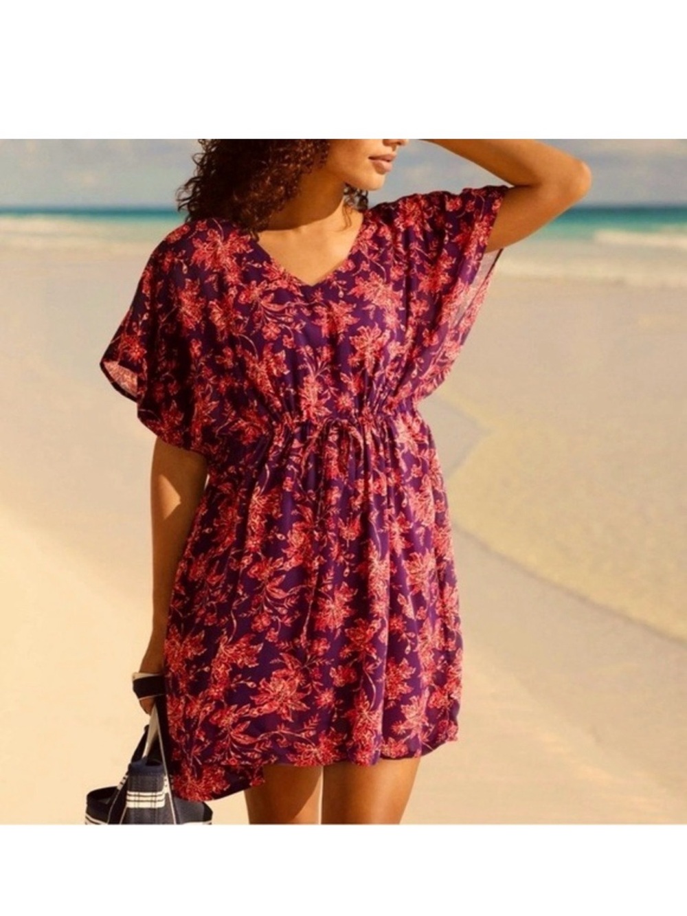 Lands' End Purple Coverup Dress with Pink Floral Print